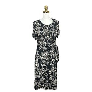 Johnny Was Womens Black Floral Side Tie Midi Dress Short Sleeve Size M